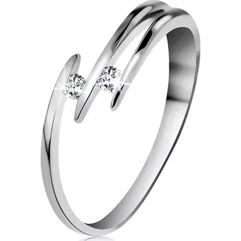 Prsten Briliantový prsten z bílého 14K zlata - dva blýskavé čiré diamanty, tenké linie ramen - Velikost: 54