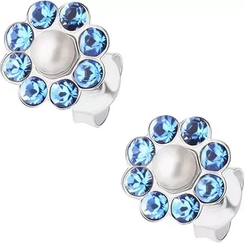 Náušnice Puzetové náušnice, stříbro 925, modrý blýskavý kvítek, bílá perlička