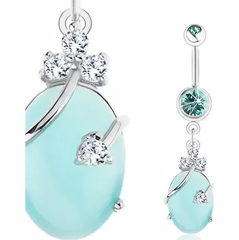 Piercing Piercing do pupíku - chirurgická ocel, čiré a akvamarínové zirkony, světle modrý ovál