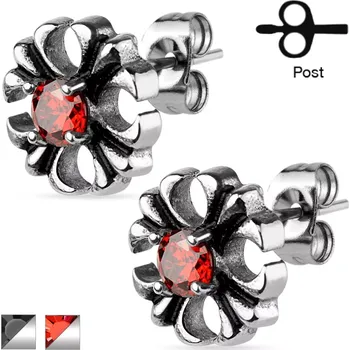 Náušnice Náušnice z oceli 316L - patinovaný liliový kříž s kulatým zirkonem - Barva: Černá