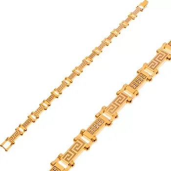 Náramek Náramek z chirurgické oceli zlaté barvy s řeckým klíčem a zirkony