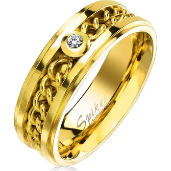 Prsten Prsten z chirurgické oceli zlaté barvy s řetízkem a čirým zirkonem, 7 mm - Velikost: 70