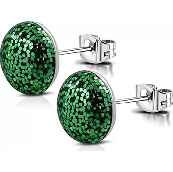 Náušnice Náušnice z oceli - kroužek posetý třpytkami zelené barvy, puzetové zapínání