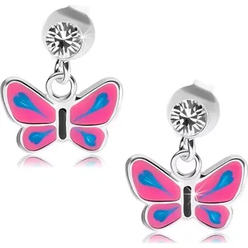 Náušnice Náušnice ze stříbra 925, čirý krystalek, motýl s růžovými křídly, modré slzy