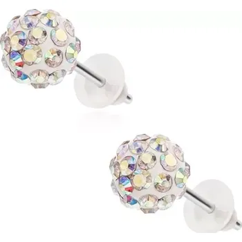 Náušnice Ocelové náušnice Shamballa - bílé kuličky, zirkonky s duhovým leskem, 8 mm