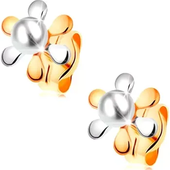 Náušnice Náušnice ve 14K zlatě - kvítek s dvoubarevnými lupínky a bílou perlou