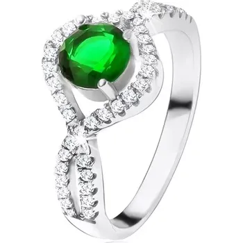 Prsten Stříbrný 925 prsten, kulatý zelený kámen, zatočená zirkonová ramena - Velikost: 54
