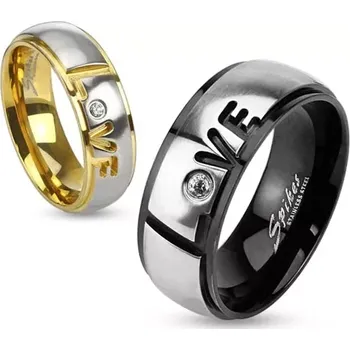 Prsten Prsten z oceli 316L, černá a stříbrná barva, nápis Love, čirý zirkon, 8 mm - Velikost: 65