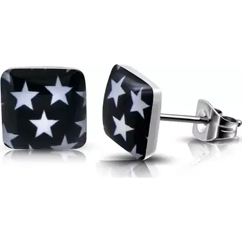 Náušnice Puzetové ocelové náušnice - čtverec s bílými hvězdami