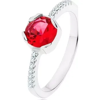 Prsten Stříbrný 925 prsten, kulatý červený zirkon, úzká ramena, čiré zirkony - Velikost: 49