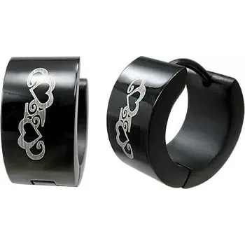 Náušnice Černé kruhové náušnice z oceli, ornamenty - kontury srdcí, spirály
