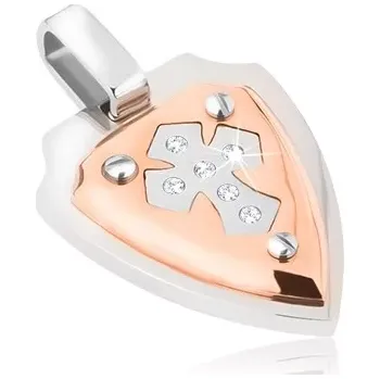 Přívěsek Ocelový přívěsek - měděná a stříbrná barva, erb s křížem, zirkony