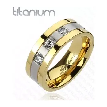 Prsten Titanový prsten - zlato-stříbrný, tři zirkony - Velikost: 67