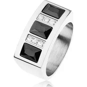 Prsten Prsten z oceli 316L vykládaný blyštivými zirkony v černé a čiré barvě - Velikost: 56