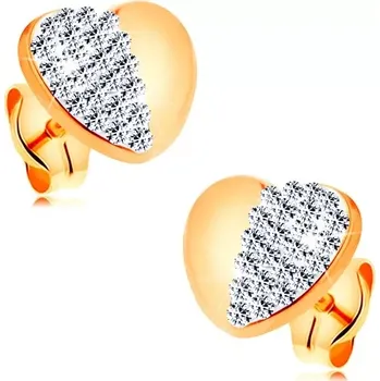 Náušnice Náušnice ve žlutém 14K zlatě - lesklé pravidelné srdíčko se třpytivou polovinou
