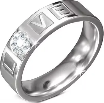 Prsten Ocelová obroučka s gravírovaným nápisem LOVE se zirkony - Velikost: 52