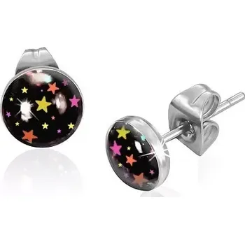 Náušnice Náušnice z oceli, černé kruhy s barevnými hvězdičkami