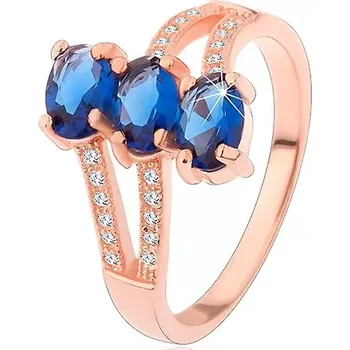 Prsten Stříbrný 925 prsten v měděném odstínu, tmavomodré broušené ovály, zvlněná ramena - Velikost: 51