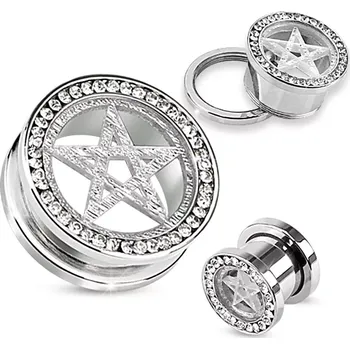 Piercing Tunel plug do ucha z chirurgické oceli, stříbrná barva, pentagram, zirkony - Tloušťka : 22 mm