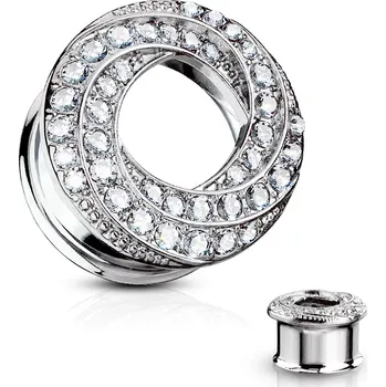 Piercing Plug do ucha z oceli stříbrné barvy - spirálovitě zatočená linie, čiré zirkony - Tloušťka : 14 mm