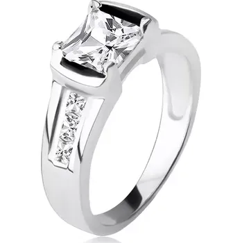 Prsten Stříbrný prsten 925, čtvercový čirý zirkon, tři kamínky v ramenech - Velikost: 50