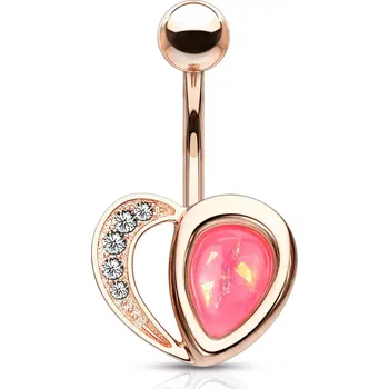 Piercing Piercing z 316L oceli do pupíku v měděné barvě - srdce, opálové odlesky, krystalky, 1,6 mm - Barva: Růžová
