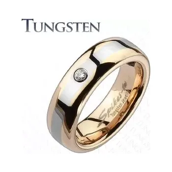 Prsten Wolframový prsten - zlato-růžový, sivý pruh, zirkon - Velikost: 54