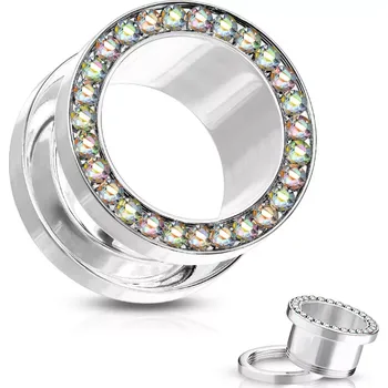 Piercing Tunel do ucha z chirurgické oceli - kulatá linie zirkonů, duhové odlesky, lesklý povrch - Tloušťka : 10 mm