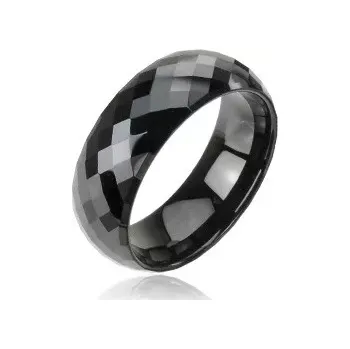 Prsten Lesklý wolframový prsten v černém odstínu - vybroušené kosočtverce, 8 mm - Velikost: 59