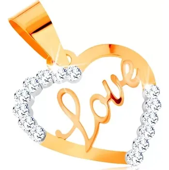 Přívěsek Přívěsek ve žlutém 14K zlatě - kontura srdce s nápisem uprostřed a se zirkonky