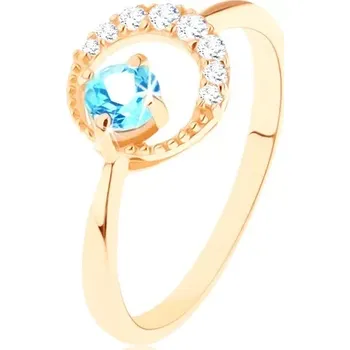 Prsten Zlatý prsten 585 - srpek měsíce zdobený čirými zirkonky, modrý topas - Velikost: 59