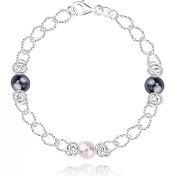 Náramek Stříbrný náramek 925 - očka ve tvaru slzy, růžová a dvě tmavě šedé syntetické perly