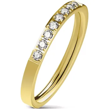 Prsten Ocelový prsten zlaté barvy, linie čirých zirkonů, lesklý povrch, 2,5 mm - Velikost: 49