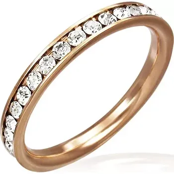 Prsten Ocelový prsten růžovozlaté barvy - čiré zirkony po obvodu - Velikost: 52