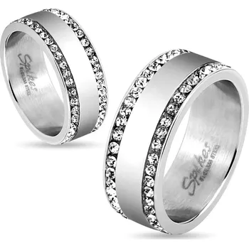 Prsten Ocelový prsten stříbrné barvy, okraje vykládané čirými zirkonky, 8 mm - Velikost: 69