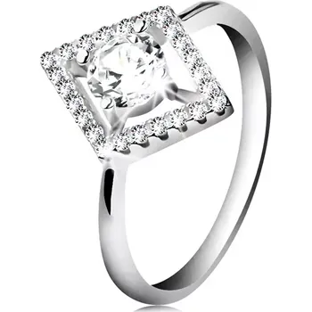 Prsten Stříbrný prsten 925, čirý kulatý zirkon v třpytivém obrysu kosočtverce - Velikost: 59