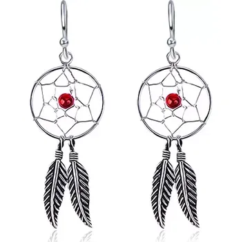 Náušnice Náušnice ze stříbra 925 - lapač snů, pírka, červený korálek, háčky