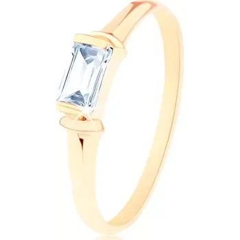 Prsten Prsten ze žlutého 14K zlata - čirý obdélníkový zirkon, dekorativní obloučky - Velikost: 62