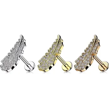 Piercing Ocelový retní a bradový labret - lístek s čirým zirkonem, vnitřní závit, 6 mm - Barva piercing: Zlatá