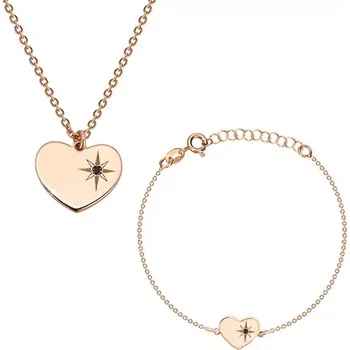 Souprava šperků Stříbrný 925 set růžovozlaté barvy - náramek a náhrdelník, srdce s Polárkou a diamantem