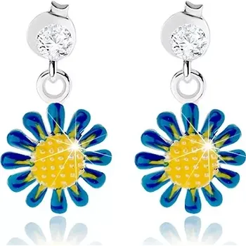 Náušnice Puzetové náušnice, stříbro 925, visící kvítek žlutomodré barvy, čirý zirkon