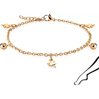 Náramek Ocelový náramek na nohu v měděné barvě - hladký čtyřlístek a korálky