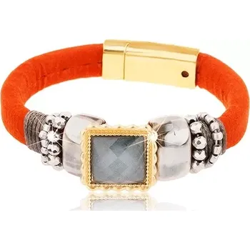 Náramek Náramek v cihlovém odstínu, šedý broušený čtverec, ozdobné korálky, šňůrky