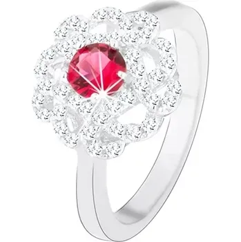 Prsten Stříbrný prsten 925, květ s tmavě růžovým zirkonem a zvlněnými liniemi - Velikost: 55