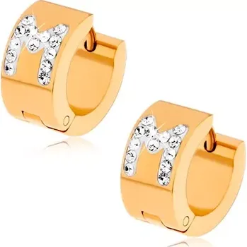 Náušnice Zlatavé náušnice z oceli, bílé písmeno M s čirými kamínky