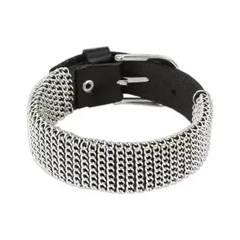 Náramek Kožený černý náramek - řetízkové zdobení obtočené po celé délce, hodinkové zapínání