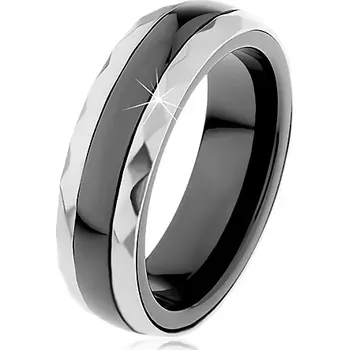 Prsten Keramický prsten černé barvy, broušené ocelové pásy ve stříbrném odstínu - Velikost: 52
