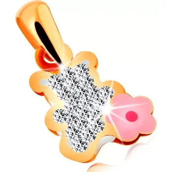 Přívěsek Zlatý přívěsek 585 - čirý zirkonový medvídek s růžovým glazovaným kvítkem