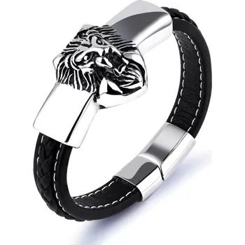 Náramek Černý náramek ze syntetické kůže, známka stříbrné barvy se lvem