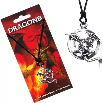 Náhrdelník Černý šňůrkový náhrdelník s letícím drakem v obruči